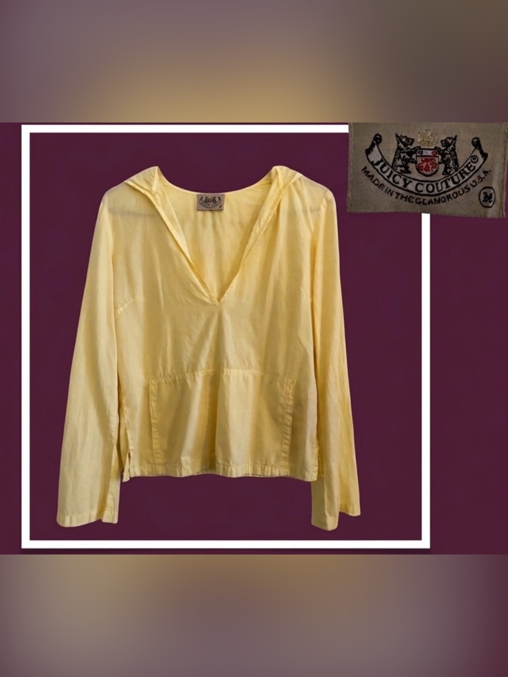 Juicy Couture USA Made 100% Cotton Hooded Pullover V‑Neck Top — Size M — Rare Y2